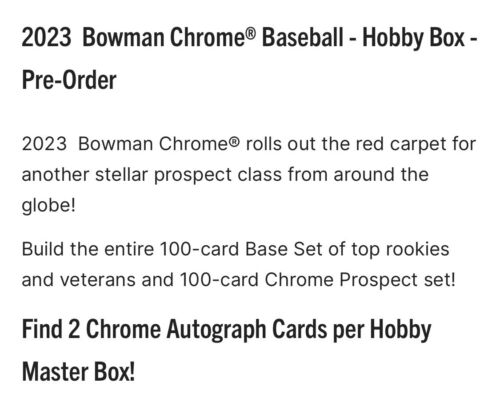 2023 Bowman Chrome Baseball Factory Sealed Hobby Box 2 Autos Per Master Box MLB