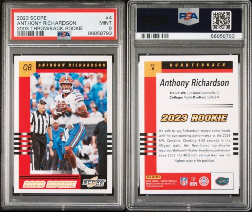 2023 Panini Score #4 Anthony Richardson 2003 Throwback Rookie PSA 9 Mint Colts