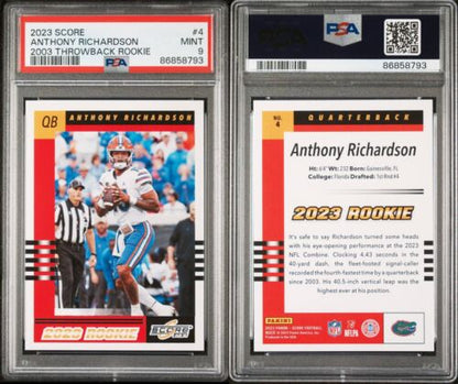 2023 Panini Score #4 Anthony Richardson 2003 Throwback Rookie PSA 9 Mint Colts