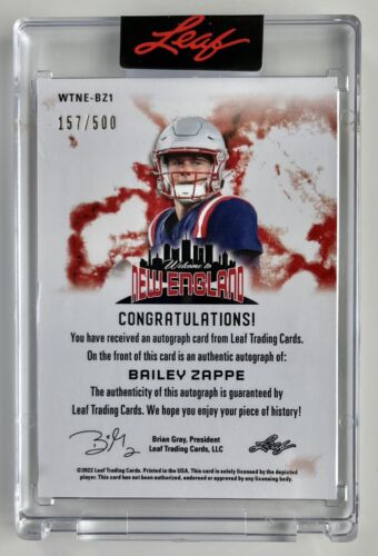 2022 Leaf Bailey Zappe Welcome to New England Rookie Auto Encased /500 Patriots