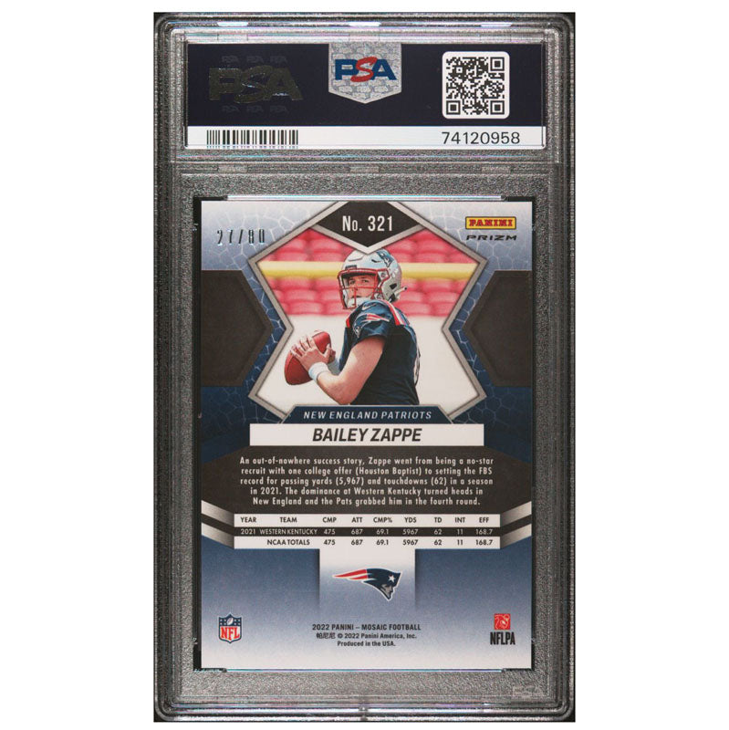 2022 Mosaic Fusion Red Yellow Choice /80 Bailey Zappe PSA 9 Mint RC Rookie Pats