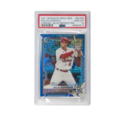 2021 Bowman Chrome Mega Box Nolan Gorman Blue Refractor /150 Gem Mint PSA 10