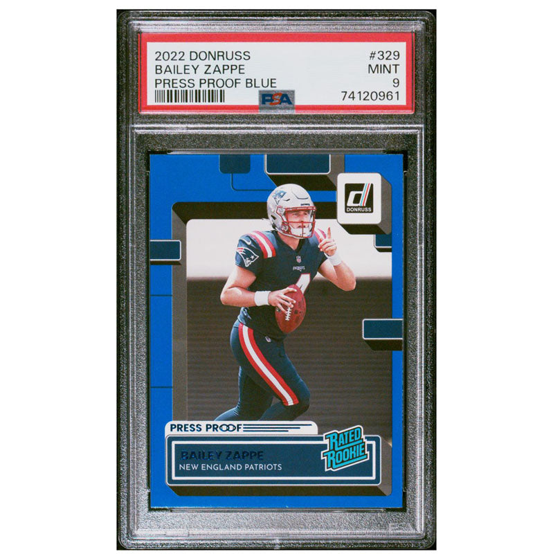 2022 Donruss Bailey Zappe Rookie RC #329 Blue Press Proof PSA 9 Mint Patriots