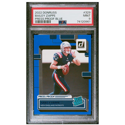 2022 Donruss Bailey Zappe Rookie RC #329 Blue Press Proof PSA 9 Mint Patriots