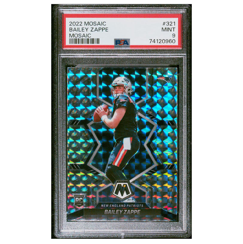 2022 Panini Mosaic Bailey Zappe Silver Mosaic Prizm RC #321 PSA 9 Mint Patriots