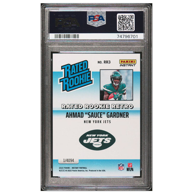 2022 Panini Instant Donruss Rated Rookie Retro Ahmad Sauce Gardner RC PSA 9 Jets