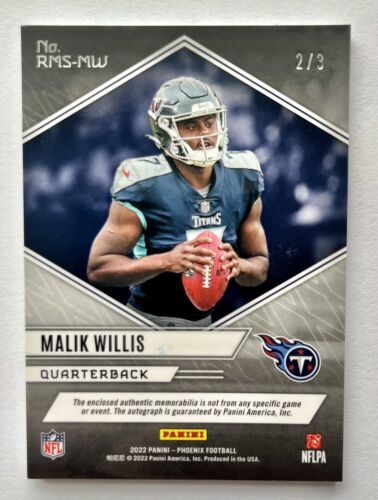 2022 Panini Phoenix Rising Rookie Malik Willis Rookie RC Mem Auto /3 Titans