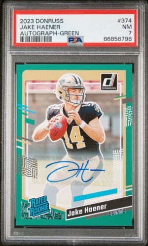 2023 Panini Donruss Jake Haener Rated Rookie #374 RC Auto Green PSA 7 Near Mint