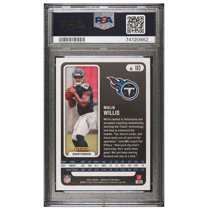 2022 Absolute Football Malik Willis RC Rookie Blue Diamonds /99 Mint PSA 9