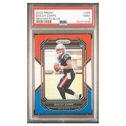 2022 Panini Prizm Bailey Zappe #305 RC Red White Blue Prizm Patriots PSA 9 MINT