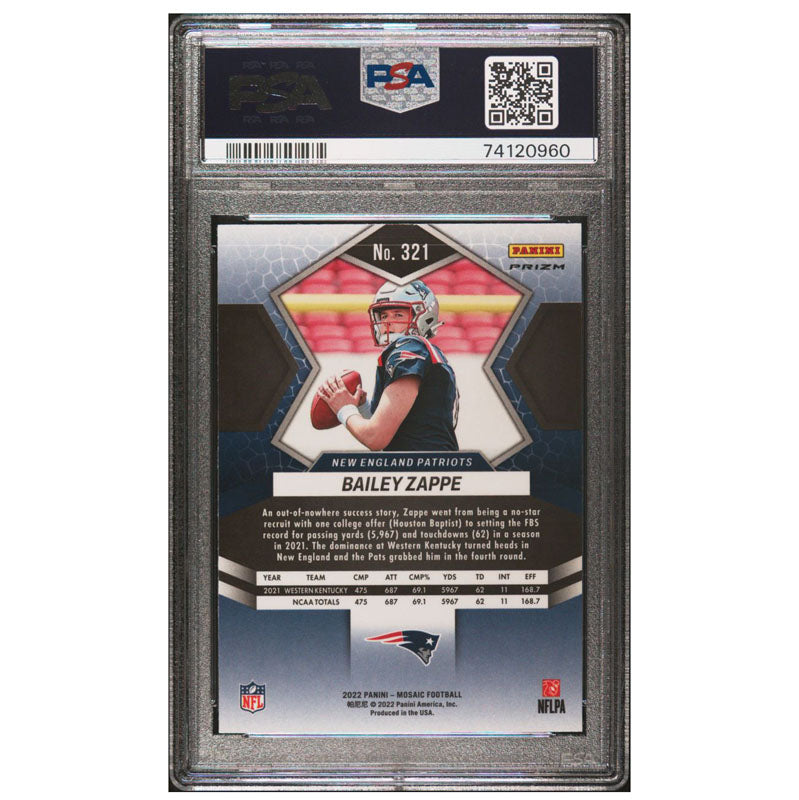 2022 Panini Mosaic Bailey Zappe Silver Mosaic Prizm RC #321 PSA 9 Mint Patriots