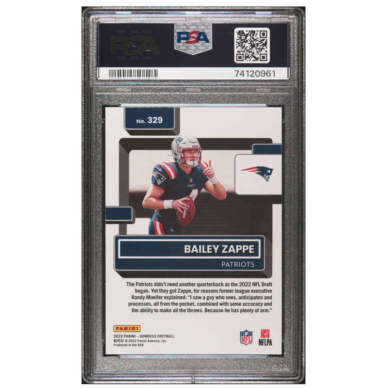 2022 Donruss Bailey Zappe Rookie RC #329 Blue Press Proof PSA 9 Mint Patriots