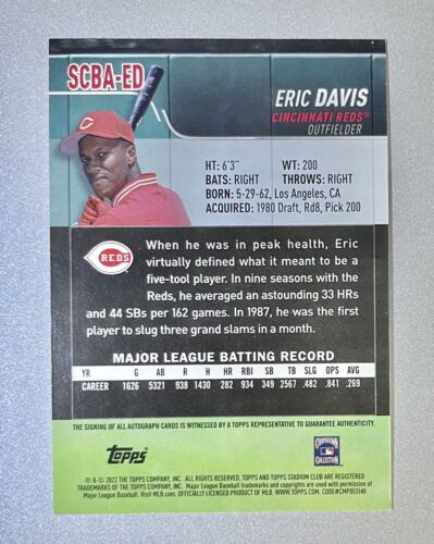 2022 Topps Stadium Club On Card Auto Eric Davis SCBA-ED Reds Autograph Signature