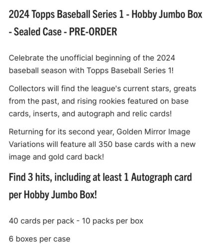 2024 Topps Baseball Jumbo Hobby Box Sealed Case! 6 Sealed Boxes Per Case PRESALE