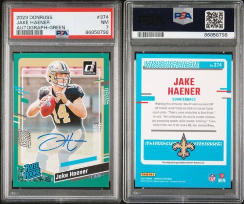 2023 Panini Donruss Jake Haener Rated Rookie #374 RC Auto Green PSA 7 Near Mint