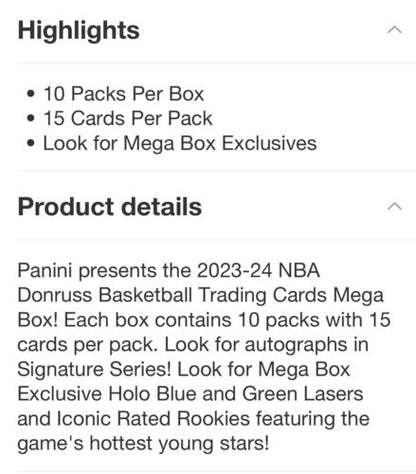 2023-24 Panini Donruss Basketball Mega Box Factory Sealed NBA Trading Cards