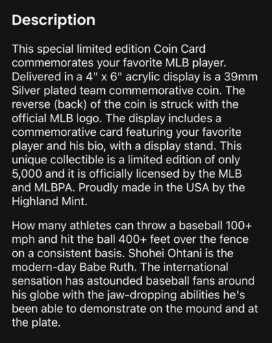 Shohei Ohtani Silver Coin Card 2021 Highland Mint Limited Edition /5000 Angels