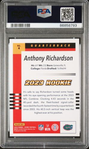 2023 Panini Score #4 Anthony Richardson 2003 Throwback Rookie PSA 9 Mint Colts