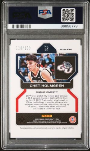 2022-23 Panini Prizm Draft Picks Blue Prizm /199 Chet Holmgren RC Rookie PSA 10