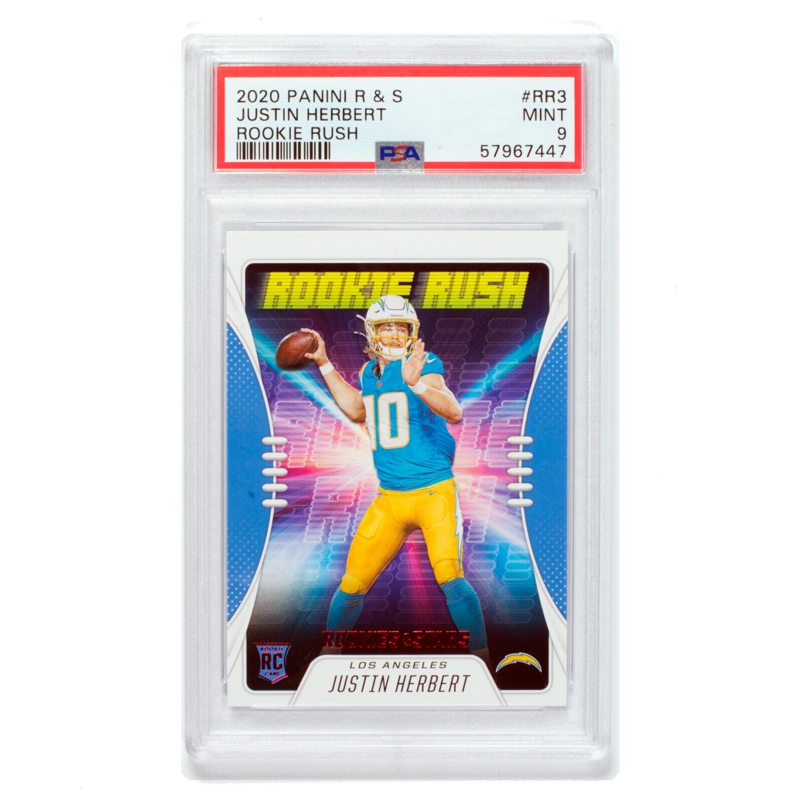 2020 Rookies And Stars Justin Herbert Rookie Rush Panini PSA 9 Chargers RC Mint